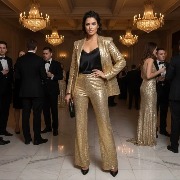 Gold Sequined Women's Pantsuit Jacket Pants Size Large NWT Fully Lined - Picture 1 of 16